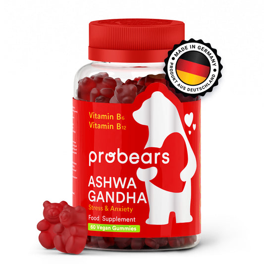 ein Glas roter Gummibären neben einer Flasche Gummibären
Probears ashwagandha KSM-66