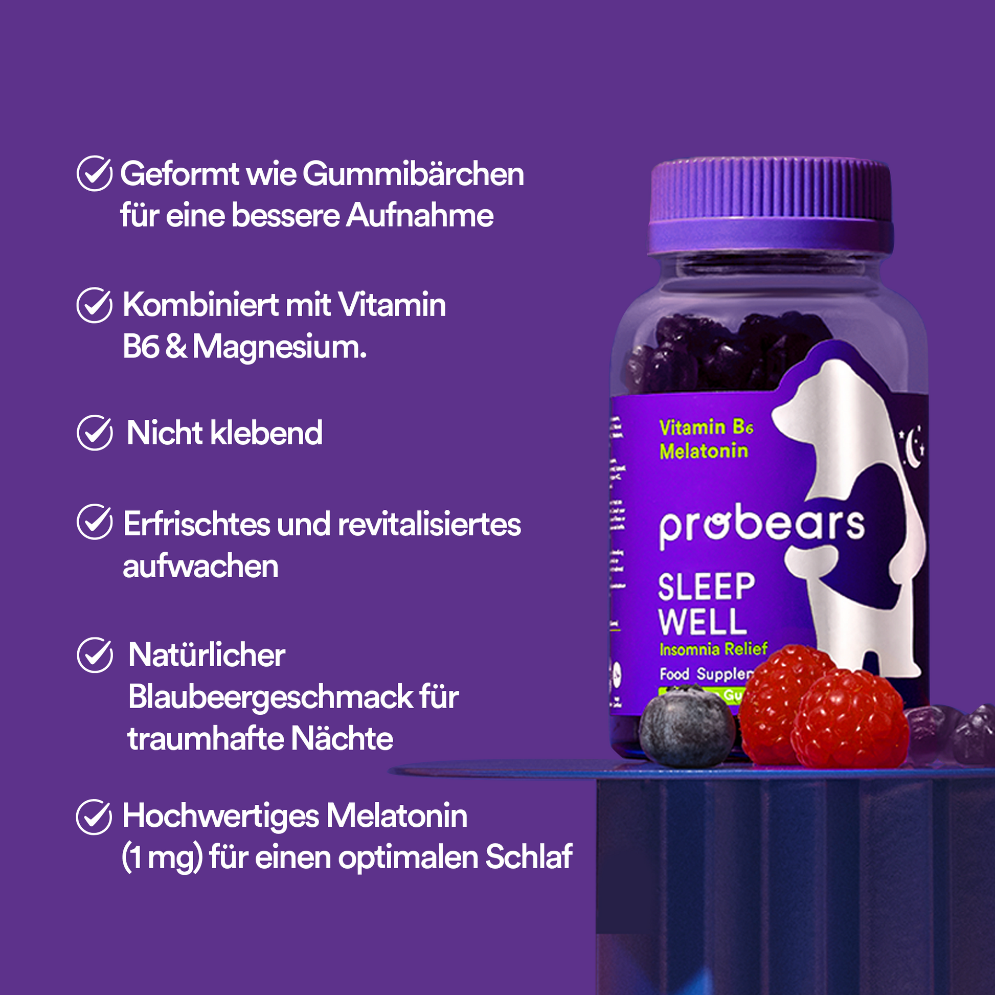 Probears Sleep Well Melatonin Verpackungsdesign, zeigt die gummibärchenförmige Form für bessere Aufnahme und natürlichen Blaubeergeschmack für ruhige Nächte.