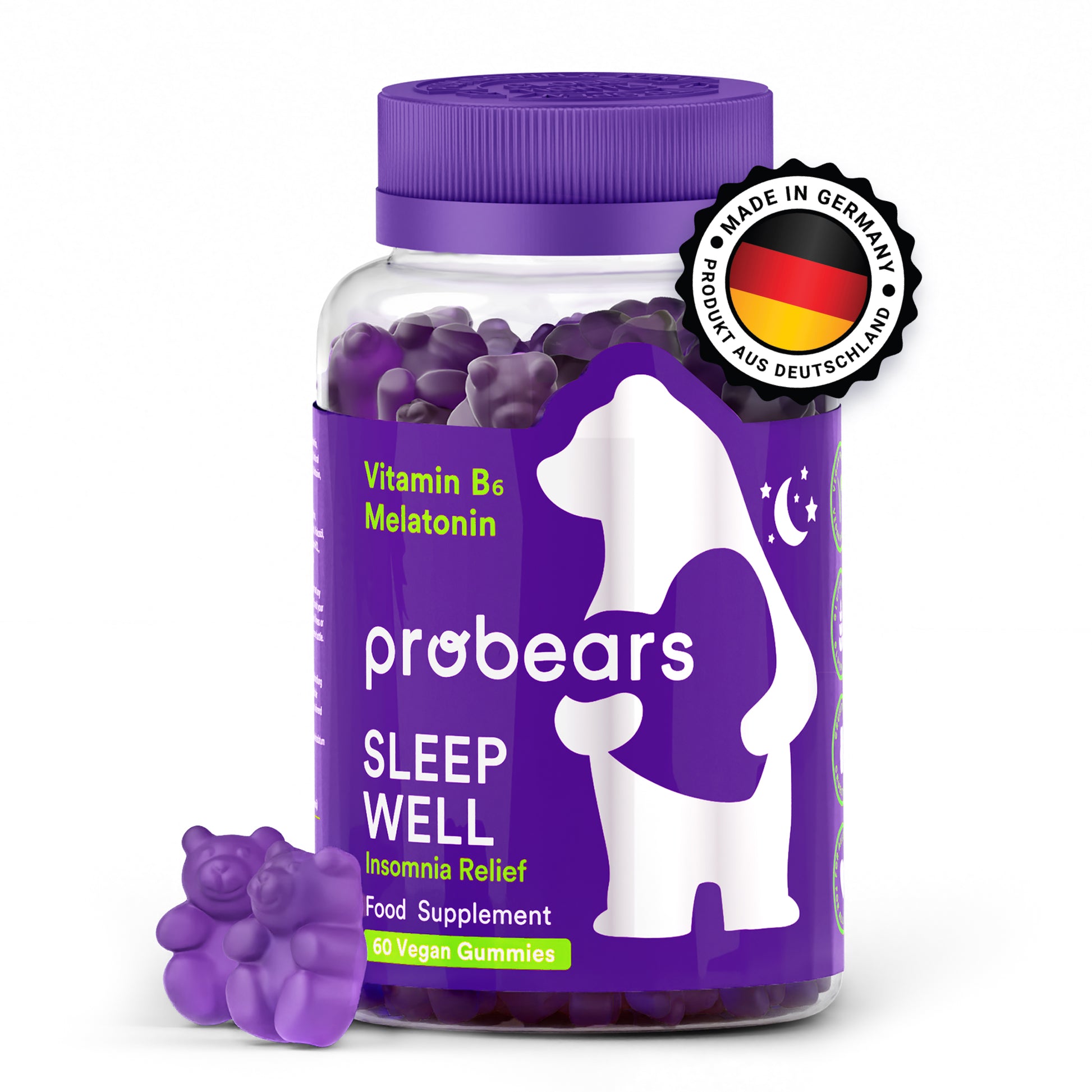 Lila Flasche von Probears Sleep Well Melatonin Gummibärchen, zertifiziert mit hochwertigem Melatonin, Vitamin B6 und Magnesium, für erholsamen Schlaf.