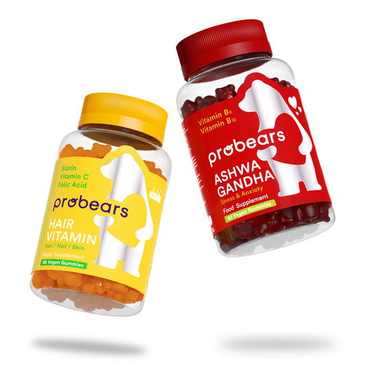Probears Hair Vitamin Gummibärchen in einem durchsichtigen Behälter mit natürlichem Orangengeschmack, enthalten Biotin und Vitamine für gesundes Haarwachstum, vegan und glutenfrei.