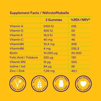 Nährstofftabelle der Probears Haar-Vitamin Gummibärchen mit wichtigen Vitaminen und Mineralstoffen für Haar und Nägel, vegan und glutenfrei.