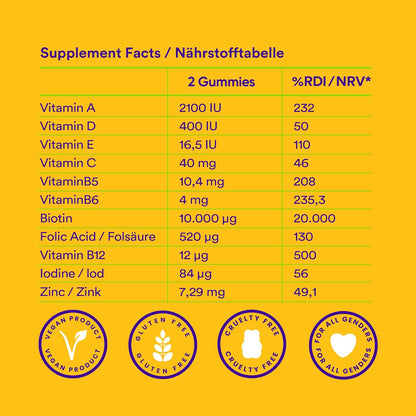 Detaillierte Nährstofftabelle für Probears Hair Vitamin Gummibärchen, reich an Vitamin A, C, E, Biotin und weiteren für gesundes Haar und Haut.