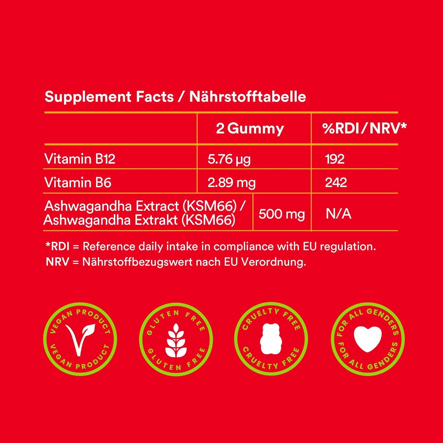 Übersicht der Inhaltsstoffe für Probears Ashwagandha KSM-66 Gummibärchen, mit Fokus auf Vitamin B12 und B6 zur Stressreduktion und Unterstützung der mentalen Gesundheit.