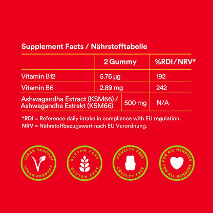 Nährwertinformationen und Supplement-Fakten von Probears Ashwagandha KSM-66, hervorgehoben sind die veganen, glutenfreien und Halal-zertifizierten Merkmale.