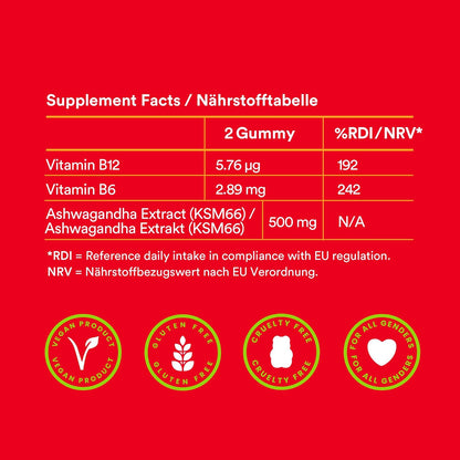 ein Etikett für Vitaminpräparate auf einem roten Hintergrund