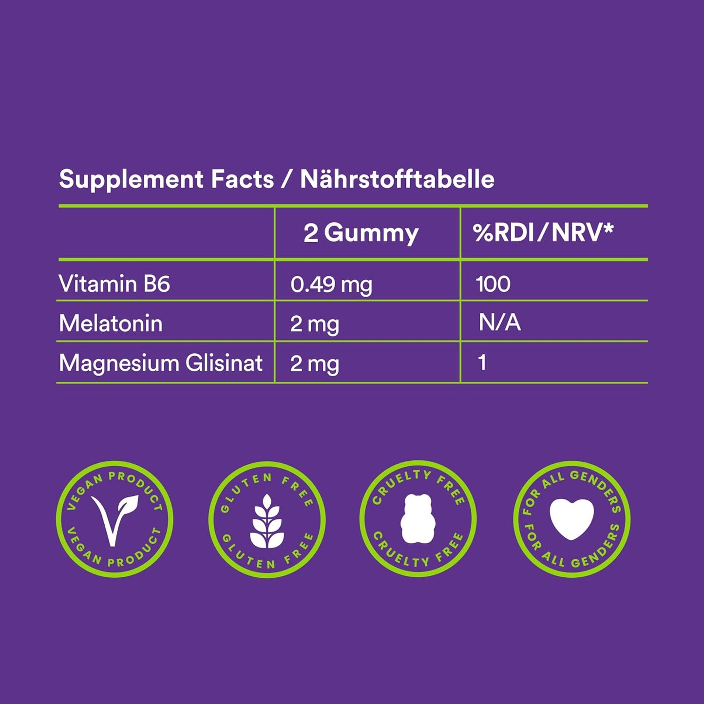 Detailansicht der Nährstofftabelle von Probears Sleep Well Gummibärchen, zeigt Melatonin und Magnesium für einen ruhigen und erholsamen Schlaf.