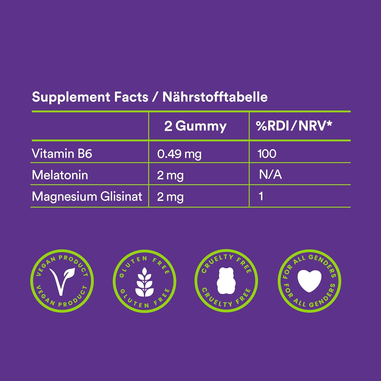 Detailansicht der Nährstofftabelle von Probears Sleep Well Gummibärchen, zeigt Melatonin und Magnesium für einen ruhigen und erholsamen Schlaf.