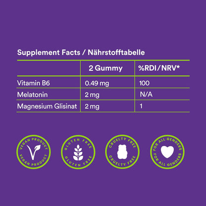 Nährstofftabelle der Probears Sleep Well Gummibärchen mit Melatonin und Magnesium, unterstützen einen erholsamen Schlaf, vegan und glutenfrei.