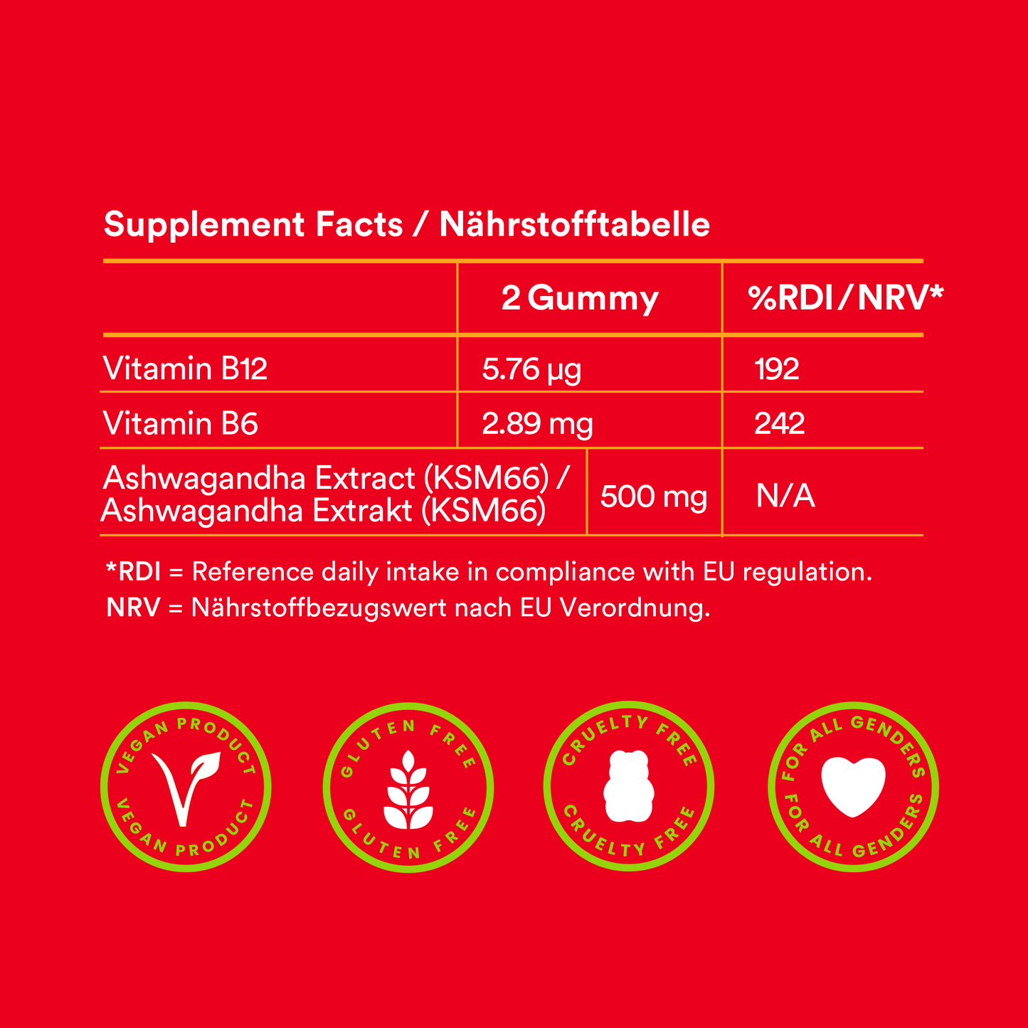ein Etikett für Vitaminergänzungen auf rotem Hintergrund

Probears ashwagandha KSM-66