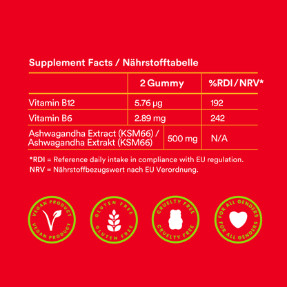ein Etikett für Vitaminergänzungen auf rotem Hintergrund

Probears ashwagandha KSM-66