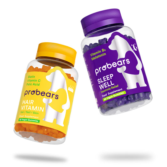 Probears Haar-Vitamin Gummibärchen neben Sleep Well Gummibärchen, beide reich an Vitaminen, für gesunden Haarwuchs und erholsamen Schlaf.