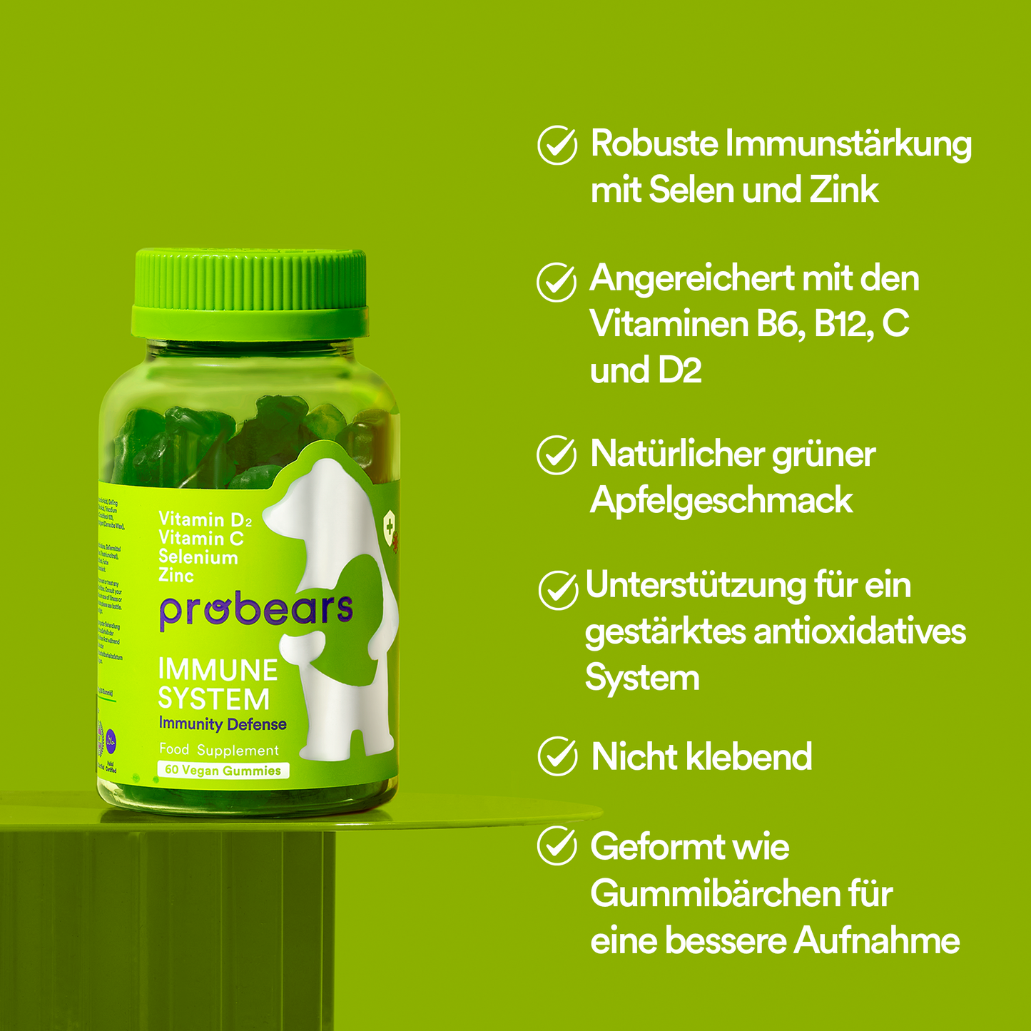 Grüne Verpackung von Probears Immune System, angereichert mit essentiellen Vitaminen und Mineralstoffen, fördert antioxidative Abwehrkräfte, nicht klebend.