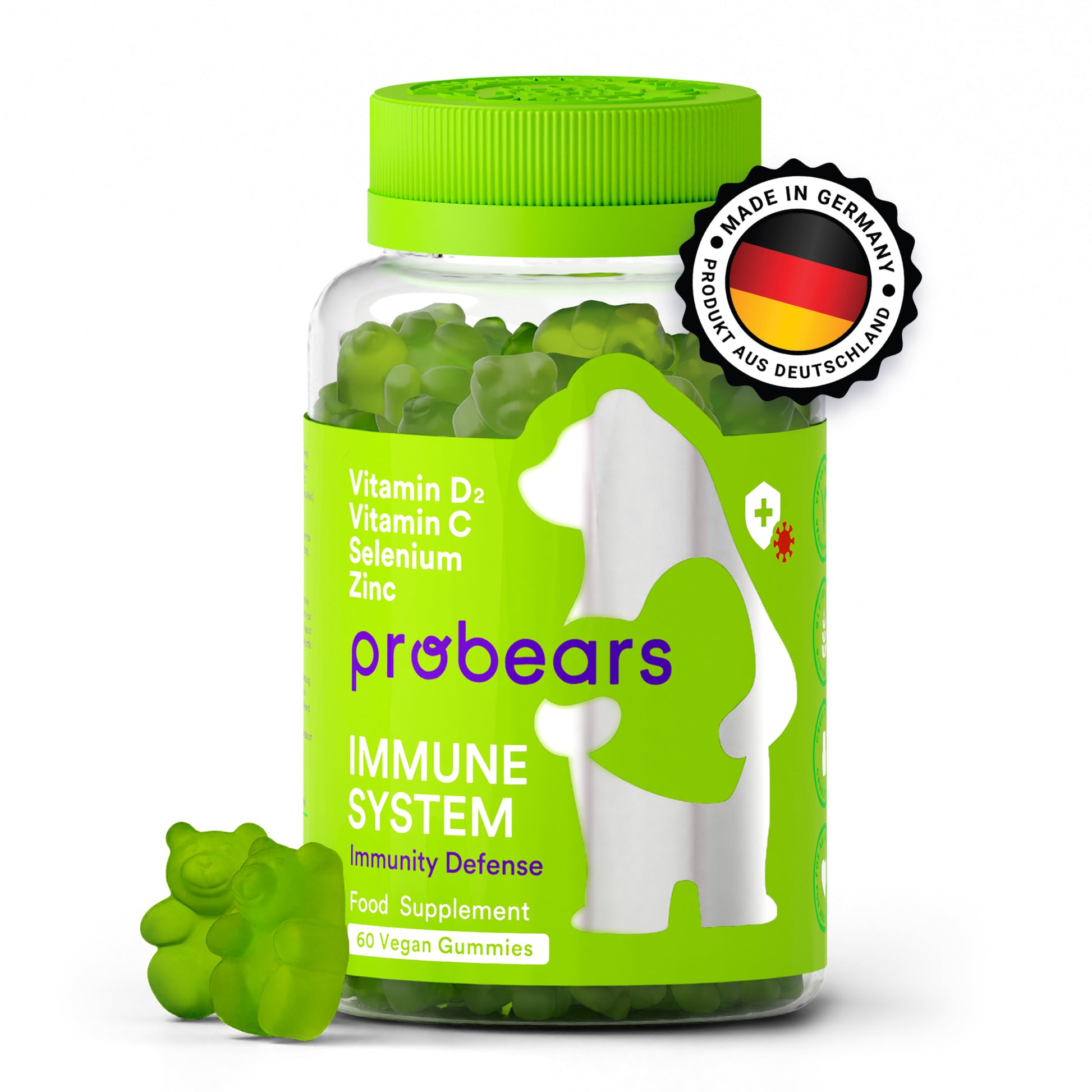 Flasche von Probears Immune System Gummibärchen mit Vitamin D, C, Zink und Selen für die Immunabwehr, vegan und hergestellt in Deutschland.