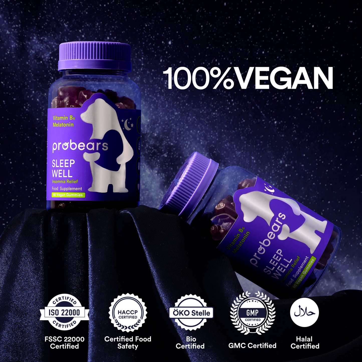 100% vegane Probears Sleep Well Melatonin Gummibärchen, präsentiert auf dunklem Hintergrund mit Qualitätszertifikaten, für einen natürlichen und erholsamen Schlaf.
